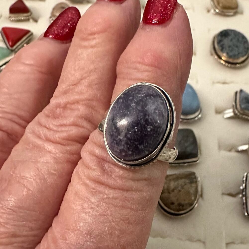 Lepidolite dainty oval silver overlay ring adjustable‎ hand crafted